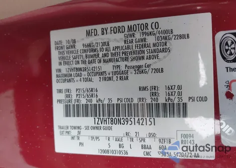 2009 Ford Mustang V6/V6 Premium z USA, uszkodzony, nr VIN 1ZVHT80N395142151